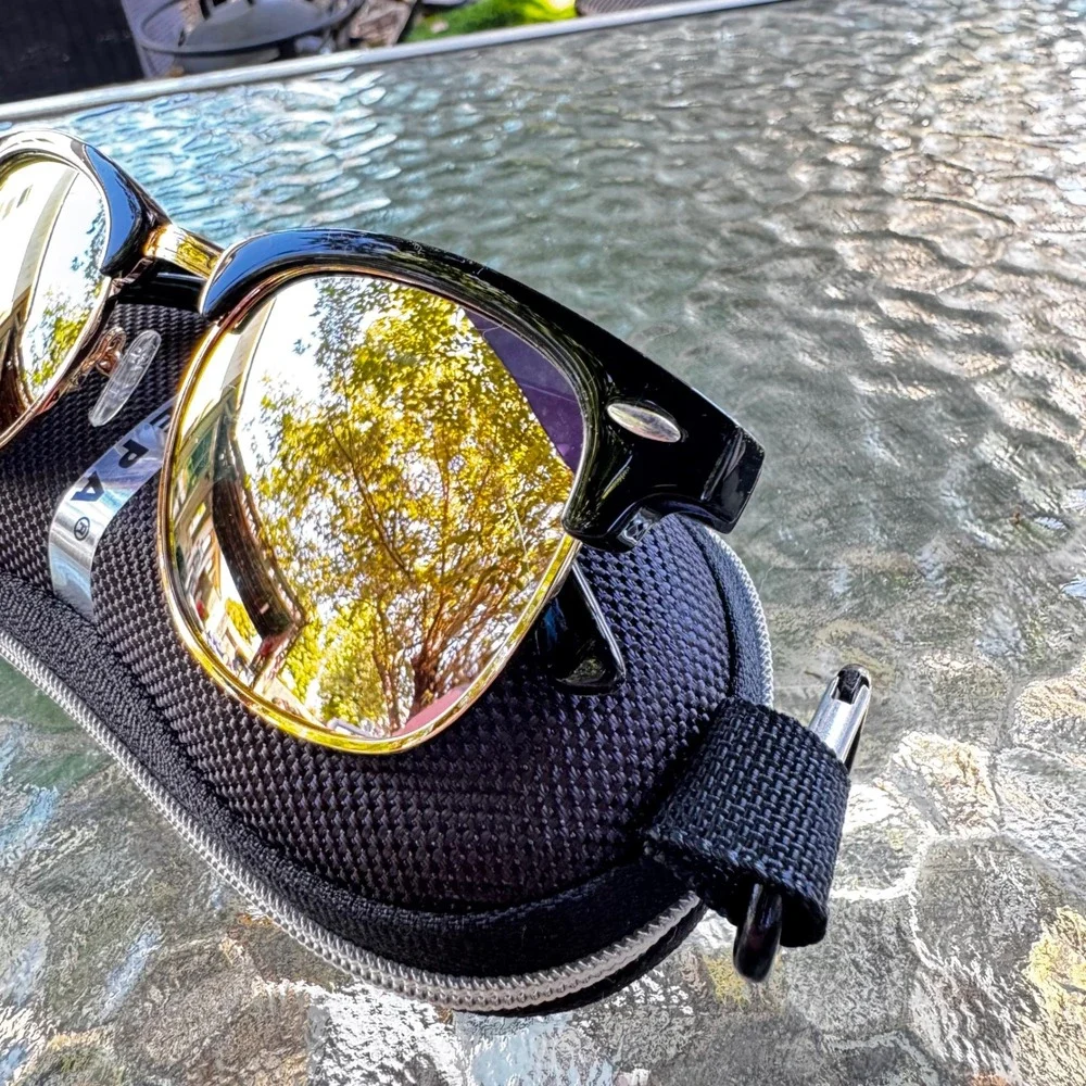 NIEEPA Clubmaster Style Reflective Sunglasses Black Gold Lenses Vintage Inspired